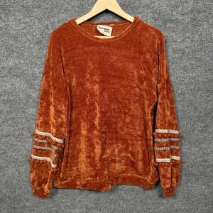 Savanna Jane Medium Sweater Top Burnt Orange Velour Artsy Pom‎ Pom Boho Cozy